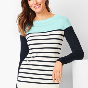TALBOTS Striped Sweater with Aqua and Navy Accents (L)